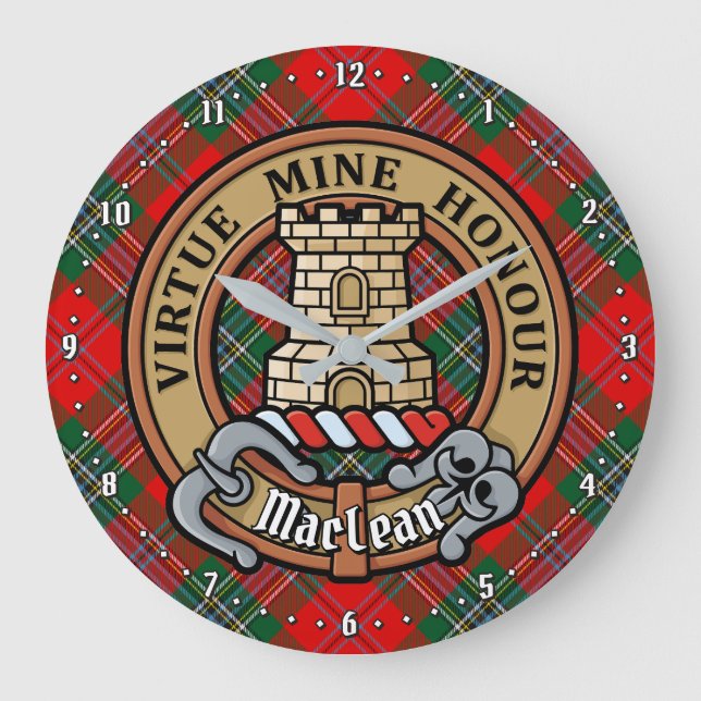Clan MacLean Wappen über Tartan Große Wanduhr (Vorderseite)
