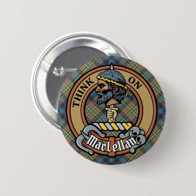 Clan MacLellan-Wappen über altem Tartan Button (Vorne & Hinten)