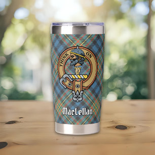 Clan MacLellan-Wappen über altem Tartan Thermobecher