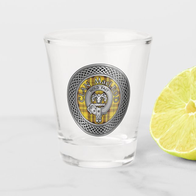 Clan MacLeod Wappen & Tartan Knot Shot Glass Schnapsglas (Vorderseite)