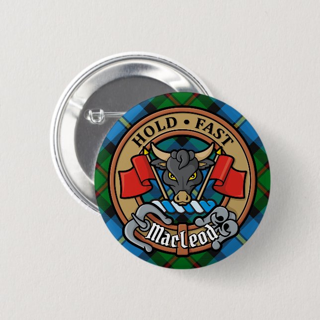 Clan MacLeod Wappen über Jagd Tartan Button (Vorne & Hinten)