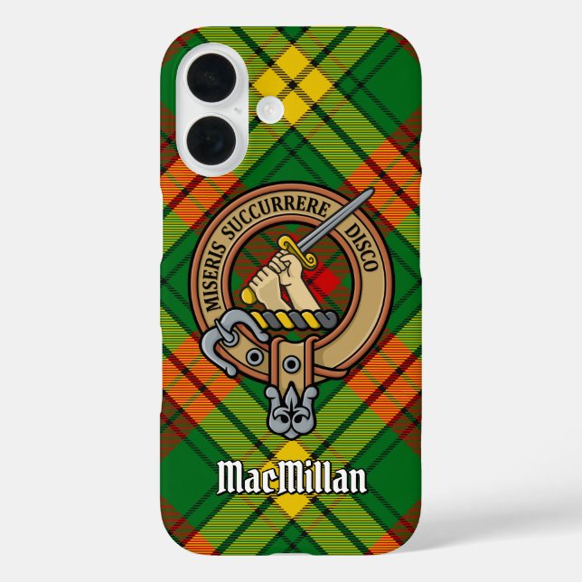 Clan MacMillan Wappen über Tartan iPhone 16 Hülle (Rückseite)