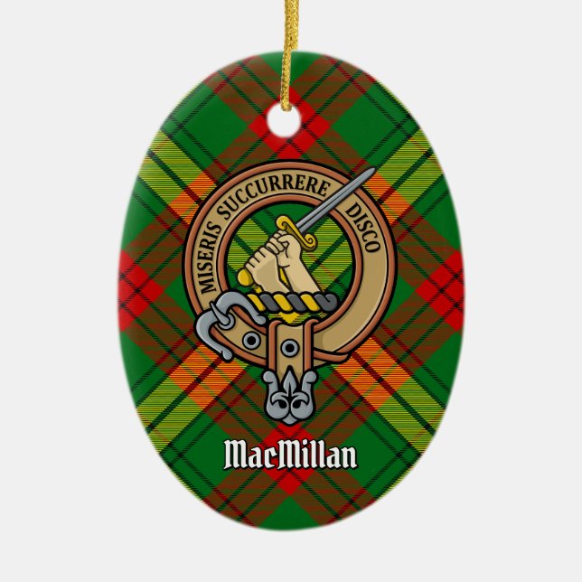 Clan MacMillan Wappen über Tartan Keramik Ornament (Vorne)