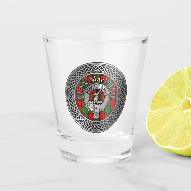 Clan MacPhail Wappen & Tartan Knot Schnapsglas (Vorderseite)