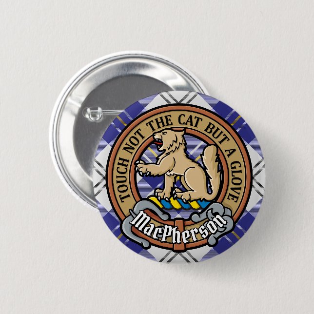 Clan MacPherson Wappen über Blue Dress Tartan Button (Vorne & Hinten)