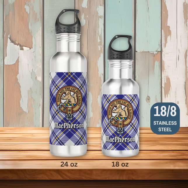Clan MacPherson Wappen über Blue Dress Tartan Edelstahlflasche (Von Creator hochgeladen)