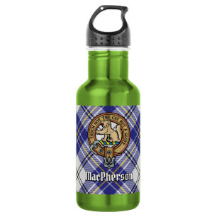 Clan MacPherson-Wappen über Blue Dress Tartan Edelstahlflasche