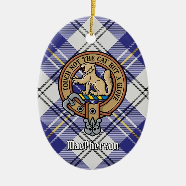 Clan MacPherson Wappen über Blue Dress Tartan Keramik Ornament (Vorne)