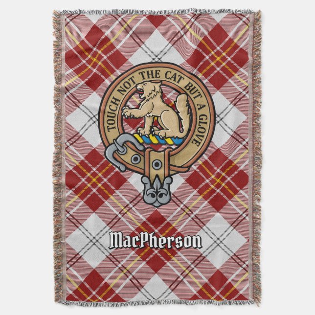 Clan MacPherson-Wappen über Rotem Kleidertartan Decke (Vorderseite Vertikal)