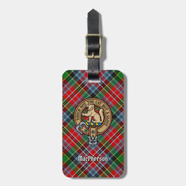Clan MacPherson Wappen über Tartan Gepäckanhänger (Vorderseite vertikal)