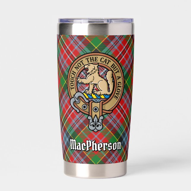 Clan MacPherson Wappen über Tartan Thermobecher (Vorderseite)