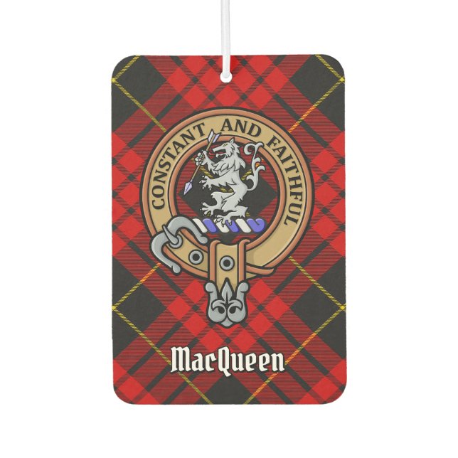Clan MacQueen Crest über Tartan Autolufterfrischer (Vorderseite)