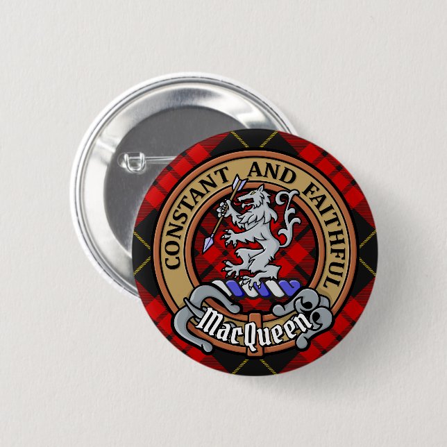 Clan MacQueen Crest über Tartan Button (Vorne & Hinten)
