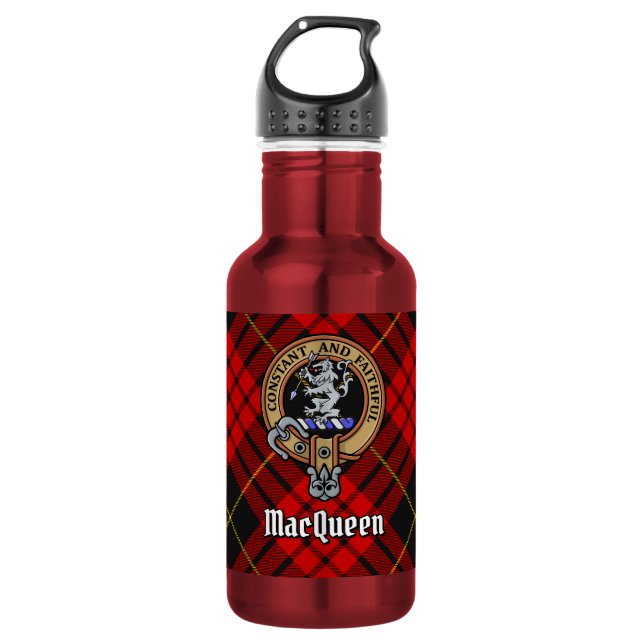 Clan MacQueen Crest über Tartan Edelstahlflasche (Vorderseite)