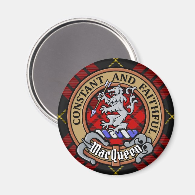 Clan MacQueen Crest über Tartan Magnet (Vorderseite/Rückseite)