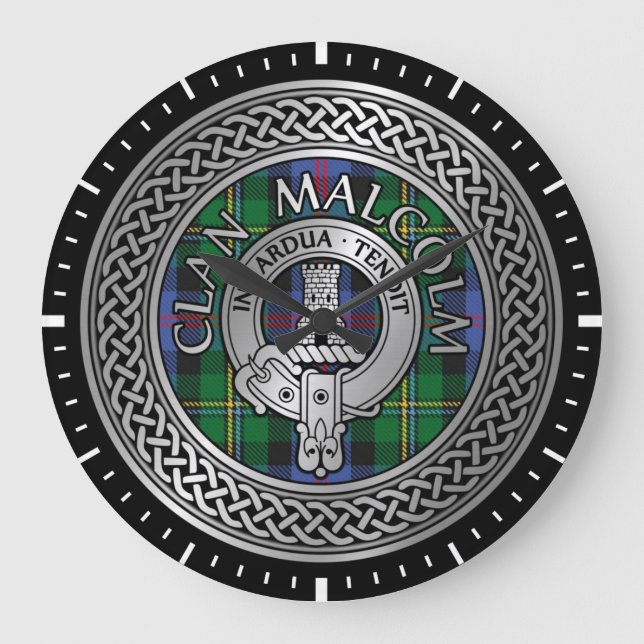 Clan Malcolm Crest & Tartan Knot Große Wanduhr (Vorderseite)