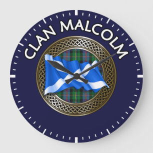 Clan Malcolm Tartan Knoten & Flagge Große Wanduhr