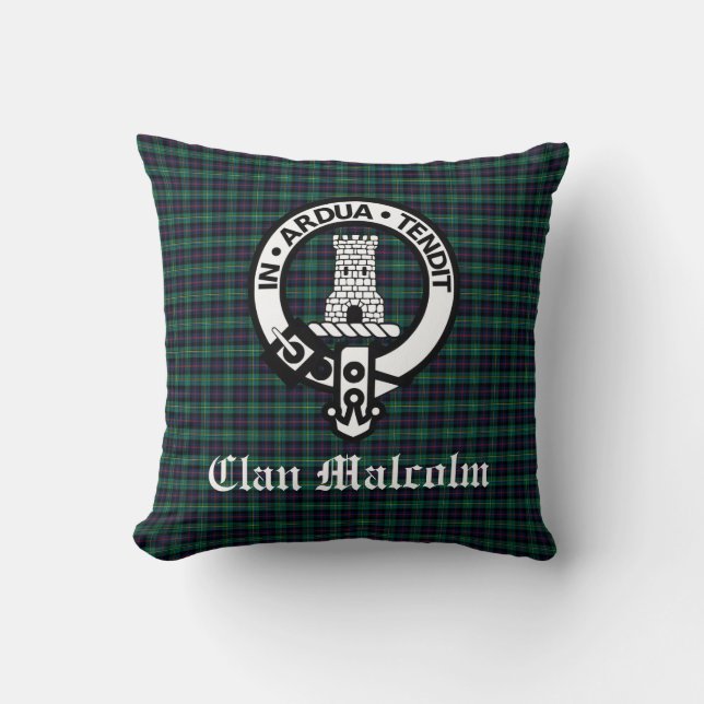 Clan Malcolm Wappen Abzeichen und Tartan Kissen (Vorderseite)