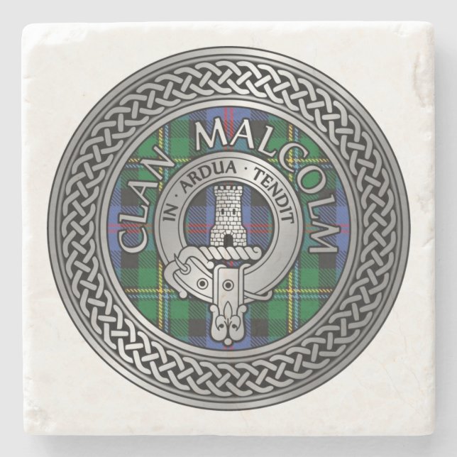 Clan Malcolm Wappen & Tartan Knot Steinuntersetzer (Vorderseite)