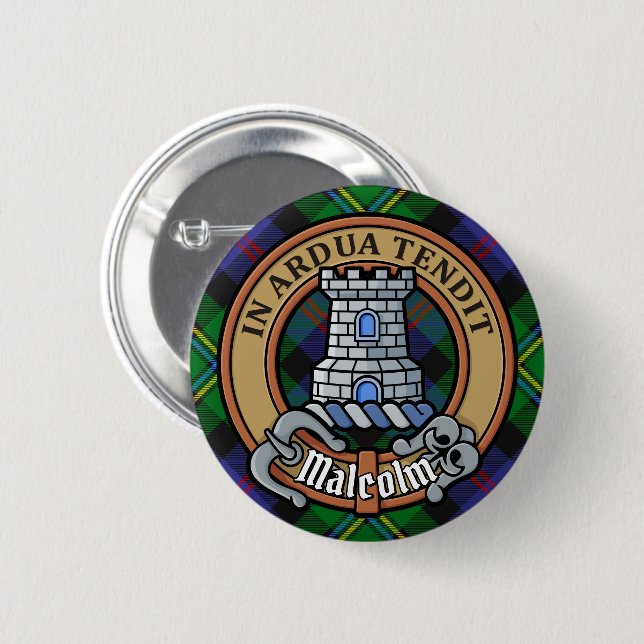 Clan Malcolm-Wappen über Tartan Button (Vorne & Hinten)