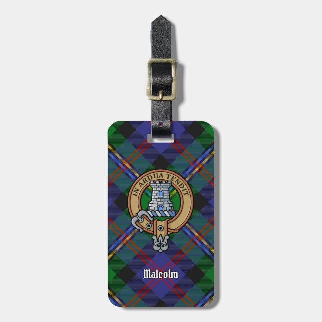 Clan Malcolm-Wappen über Tartan Gepäckanhänger (Vorderseite vertikal)