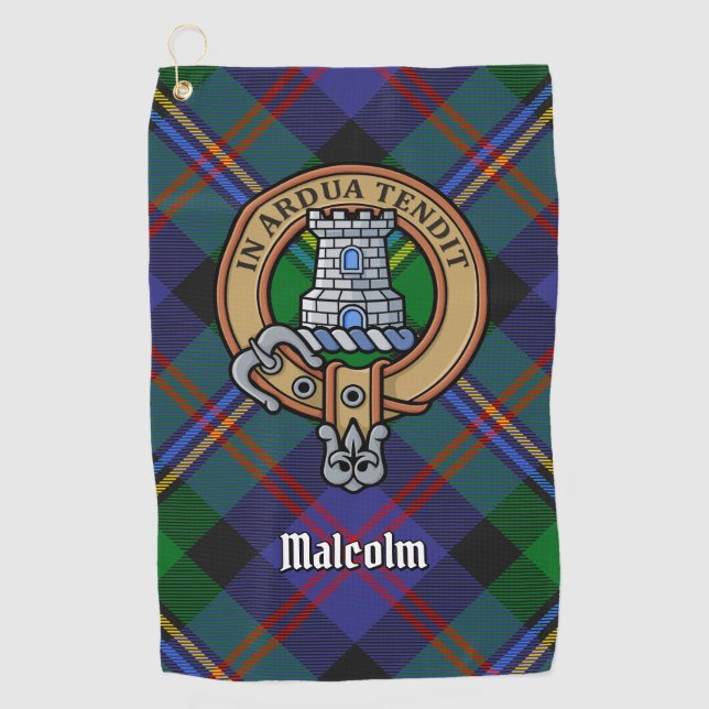 Clan Malcolm-Wappen über Tartan Golfhandtuch (Vorderseite)