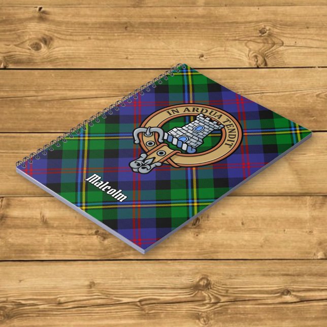 Clan Malcolm-Wappen über Tartan Notizblock (Von Creator hochgeladen)