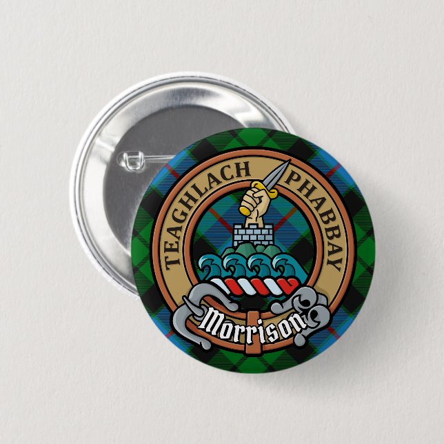 Clan Morrison Wappen über die Jagd auf Tartan Button (Vorne & Hinten)