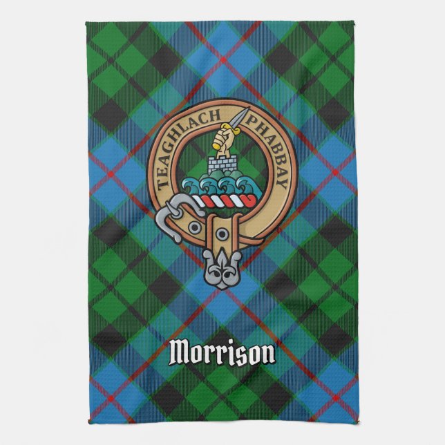 Clan Morrison Wappen über die Jagd auf Tartan Geschirrtuch (Vertikal)