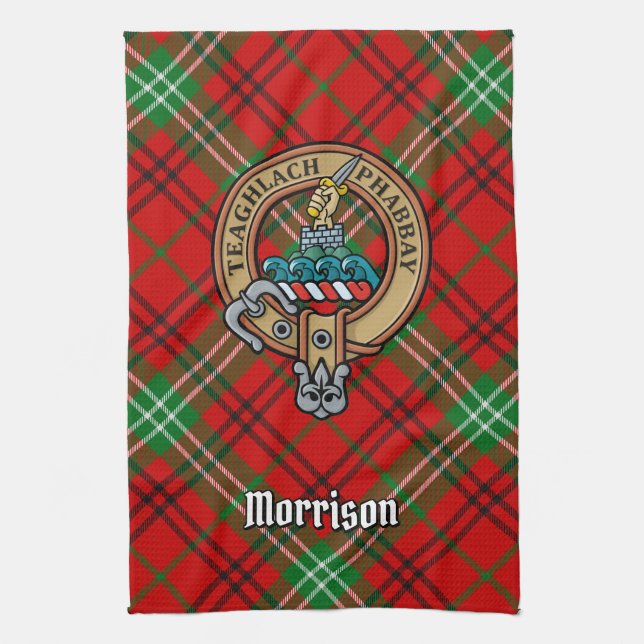 Clan Morrison Wappen über Red Tartan Küchentuch (Vertikal)