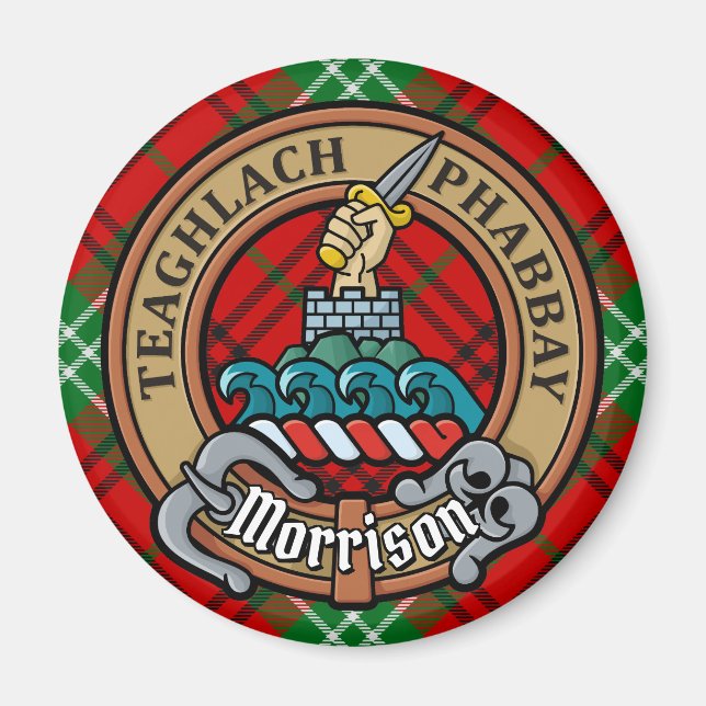 Clan Morrison Wappen über Red Tartan Magnet (Vorne)