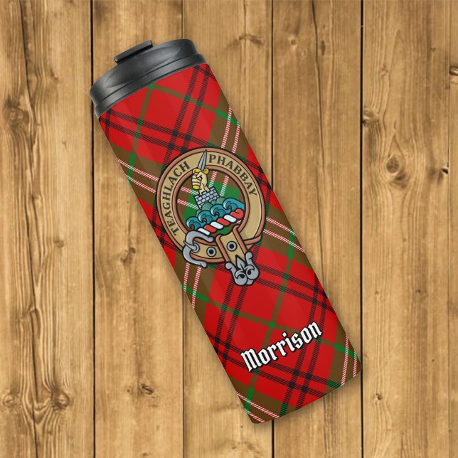 Clan Morrison Wappen über Red Tartan Thermosbecher (Von Creator hochgeladen)