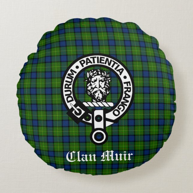 Clan Muir oder mehr Wappen Abzeichen & Tartan Rundes Kissen (Vorderseite)