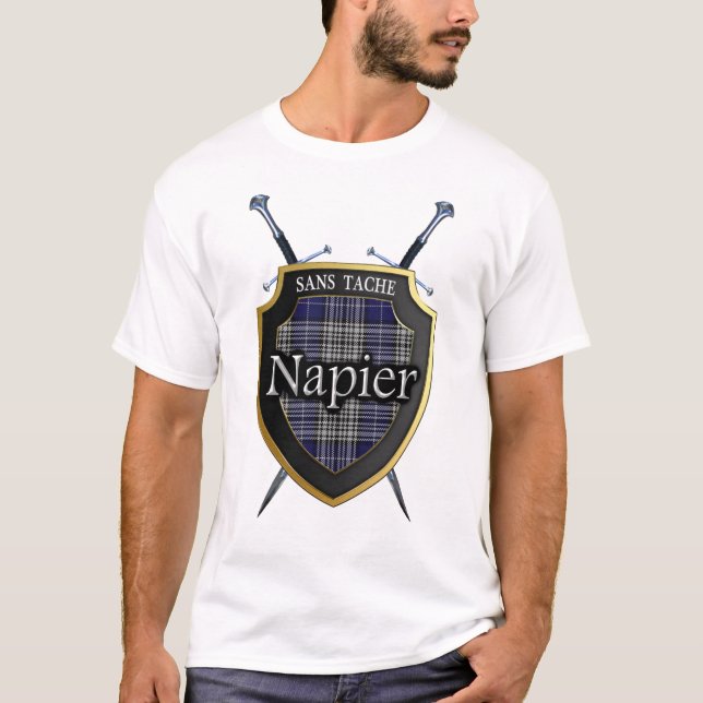 Clan Napier Tartan Kariert Shield & Schwerter T-Shirt (Vorderseite)