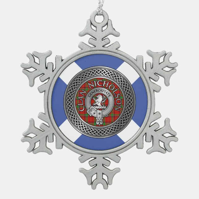 Clan Nicholson Wappen & Tartan Knot Schneeflocken Zinn-Ornament (Vorderseite)