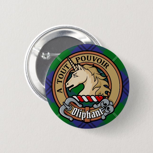 Clan Oliphant Wappen über Tartan Button (Vorne & Hinten)