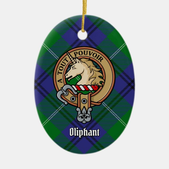 Clan Oliphant Wappen über Tartan Keramik Ornament (Vorne)