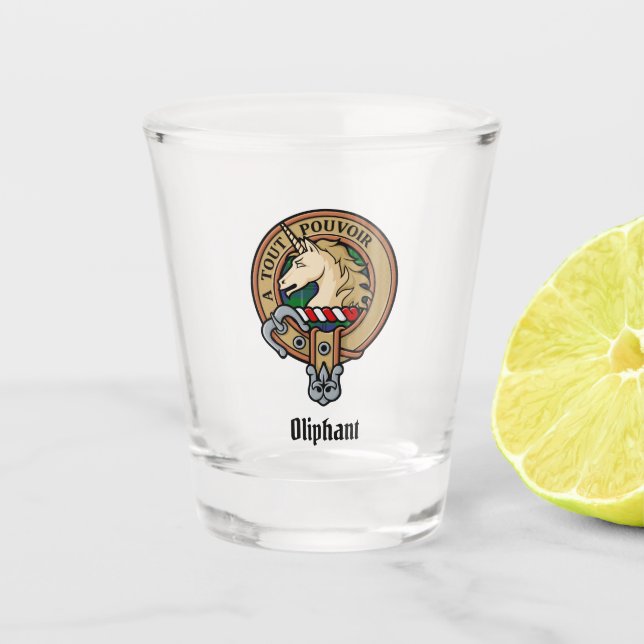 Clan Oliphant Wappen über Tartan Shot Glass Schnapsglas (Vorderseite)