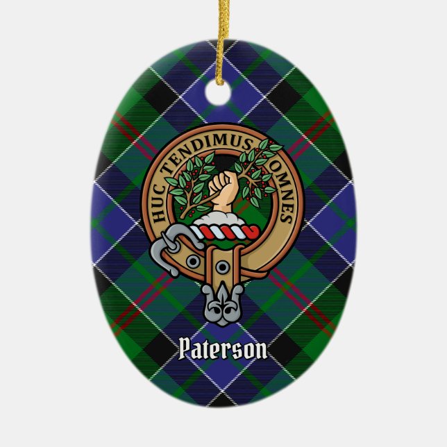Clan Paterson Wappen über Tartan Keramik Ornament (Vorne)