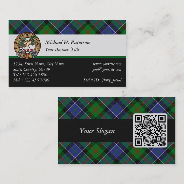 Clan Paterson Wappen über Tartan Visitenkarte (Vorne/Hinten)