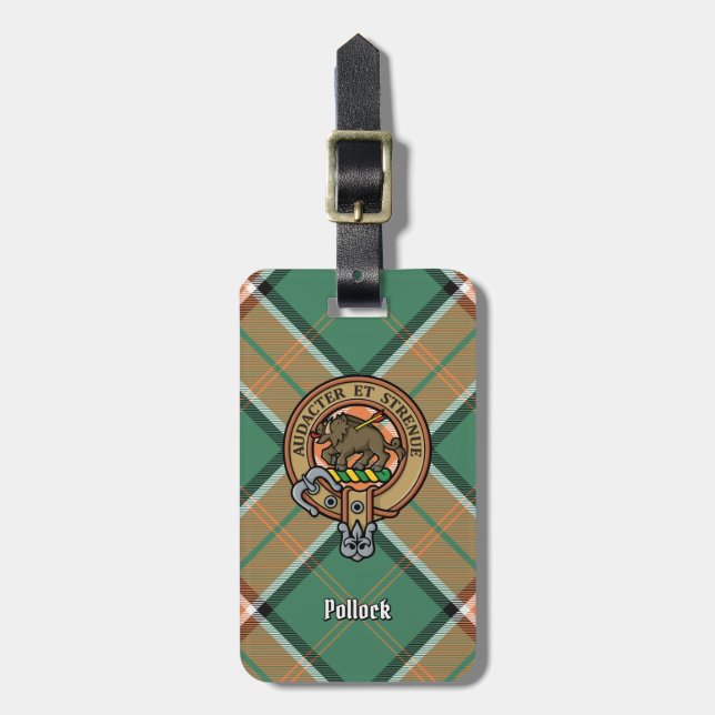 Clan Pollock Wappen über Tartan Gepäckanhänger (Vorderseite vertikal)