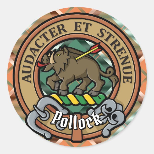 Clan Pollock Wappen über Tartan Runder Aufkleber (Vorderseite)