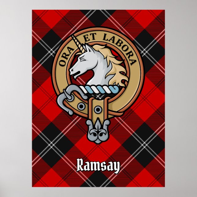 Clan Ramsay Wappen über Red Tartan Poster (Vorne)