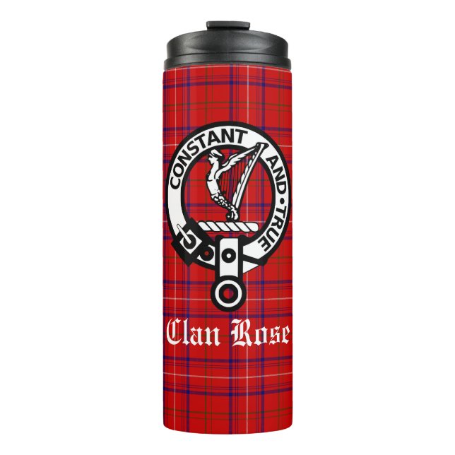 Clan Rose Wappen Abzeichen und Tartan Thermosbecher (Vorderseite)
