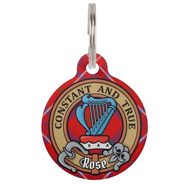 Clan Rose Wappen über Tartan Haustiermarke (Vorderseite)