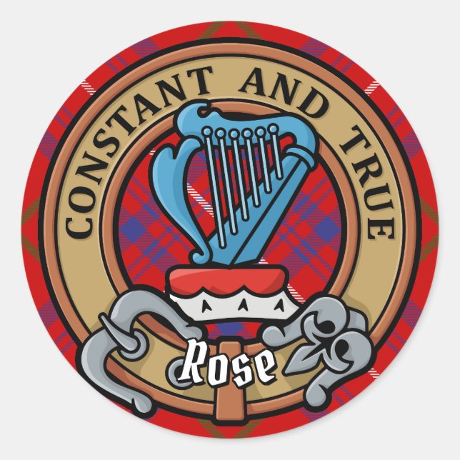 Clan Rose Wappen über Tartan Runder Aufkleber (Vorderseite)