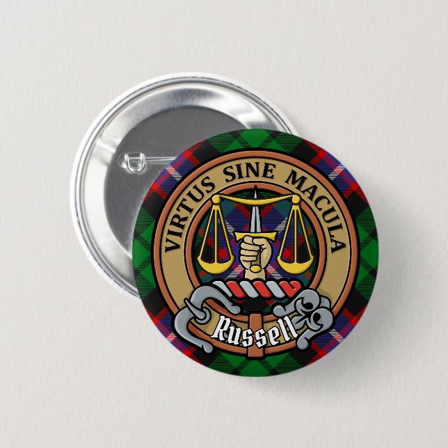 Clan Russell-Wappen auf Tartan Button (Vorne & Hinten)