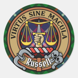 Clan Russell-Wappen über Tartan Runder Aufkleber