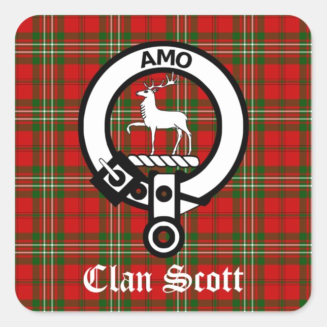 Clan Scott Wappen Abzeichen und Tartan Quadratischer Aufkleber (Vorderseite)