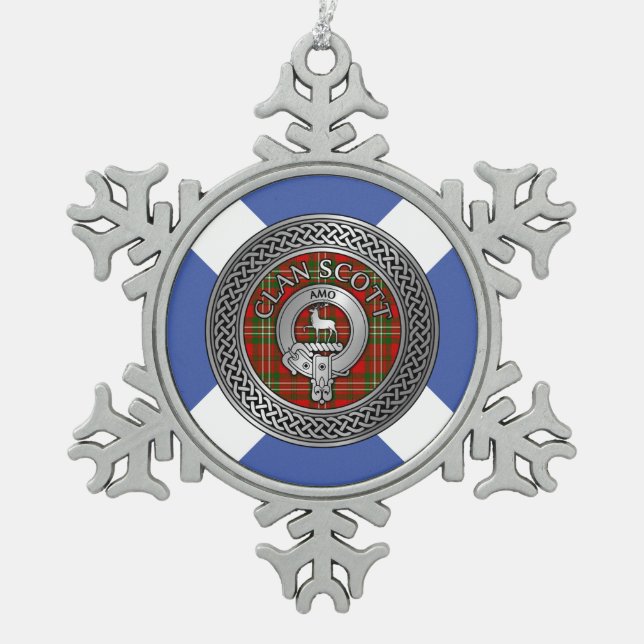 Clan Scott Wappen & Tartan Knot Schneeflocken Zinn-Ornament (Vorderseite)